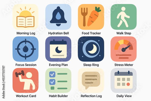 Collection of wellness and lifestyle app icons for health tracking and personal development