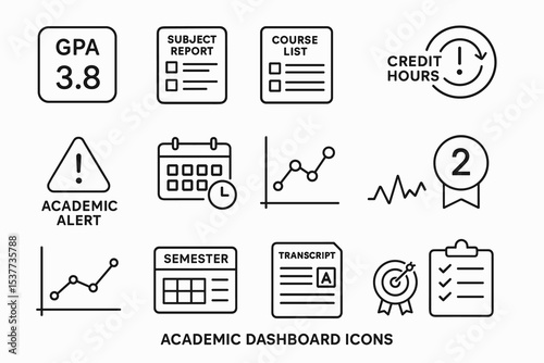 Academic dashboard icons set featuring gpa, reports, courses, alerts, and more