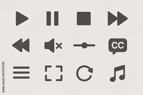 Media control icons set: play, pause, stop, forward, rewind, volume, caption, music