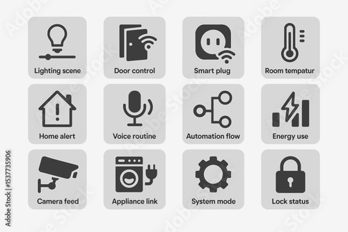 Smart home control icons: automation, energy, security, voice, appliance, lighting