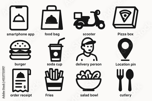 Food delivery icons: app, scooter, pizza, burger, beverage