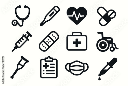 Healthcare icons: stethoscope, thermometer, heartbeat, pills, syringe, bandage, medical kit, wheelchair, crutch, clipboard, mask, dropper