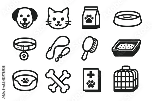 Pet care icons: dog, cat, food, collar, leash, grooming, cage, litter, paw prints