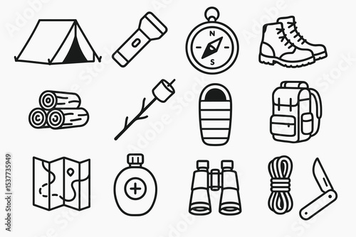 Camping essentials: tent, flashlight, compass, boots, logs, marshmallow, sleeping bag, backpack, map, canteen, binoculars, rope, knife