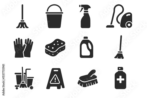 Cleaning tools and supplies icons set including mop, bucket, gloves, and vacuum