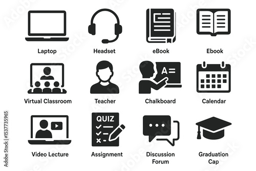 Education icons set: laptop, headset, ebook, teacher, chalkboard, video lecture, quiz, graduation cap