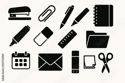 Collection of black office supply icons on white background