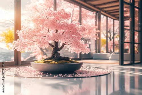 Pink cherry blossom bonsai in modern zen interior
