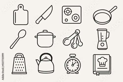 Essential kitchenware icons: knife, grater, blender, kettle, timer, cookbook