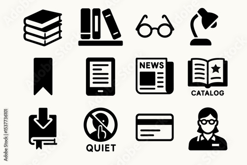 Library icons: books, glasses, e-reader, catalog, desk lamp, bookmark, quiet sign