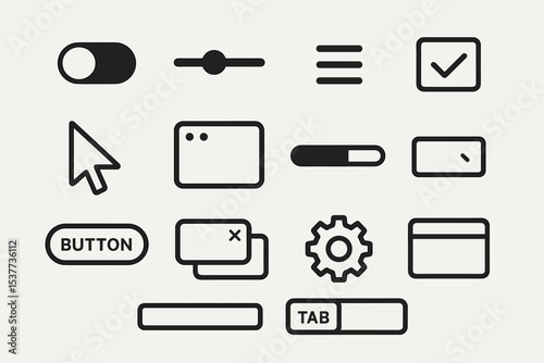 Minimalist ui icons set: toggle, slider, menu, checkbox, cursor, tab, button, progress, gear