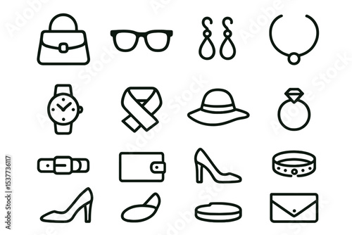 Fashion icon set: accessories including jewelry, bags, shoes, and watches