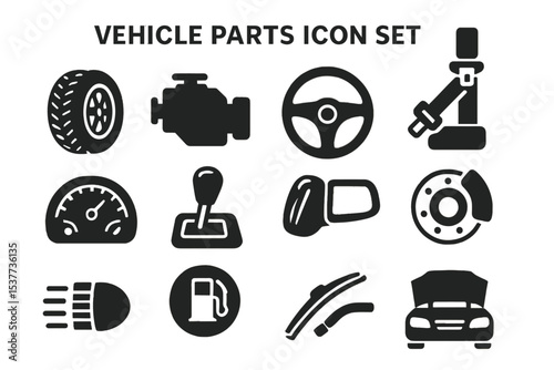 Vehicle parts icon set featuring tire, engine, steering wheel, and more
