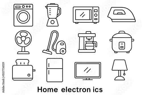 Set of home electronics icons: washer, blender, microwave, iron, fan, vacuum, coffee maker, rice cooker, toaster, fridge, tv, lamp
