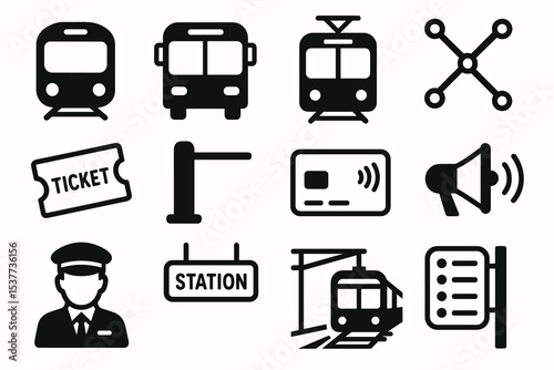 Public transportation icons: train, bus, tram, ticket, station, train conductor symbol set