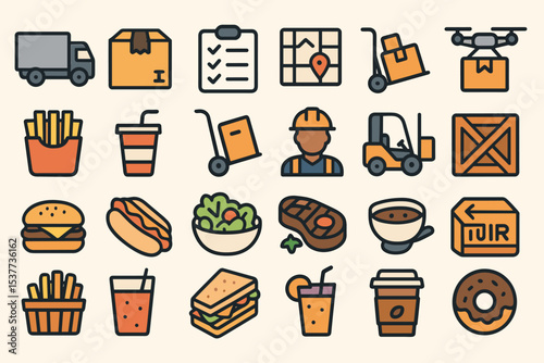 Logistics and food icons featuring delivery, packaging, and dining elements