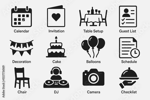 Event planning icons: calendar, invitation, table setup, guest list, decoration, cake, balloons