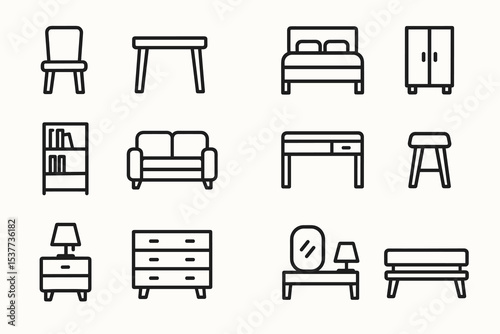 Minimalist furniture icons: chairs, tables, beds, wardrobes, sofas, desks, shelving, lamp stands