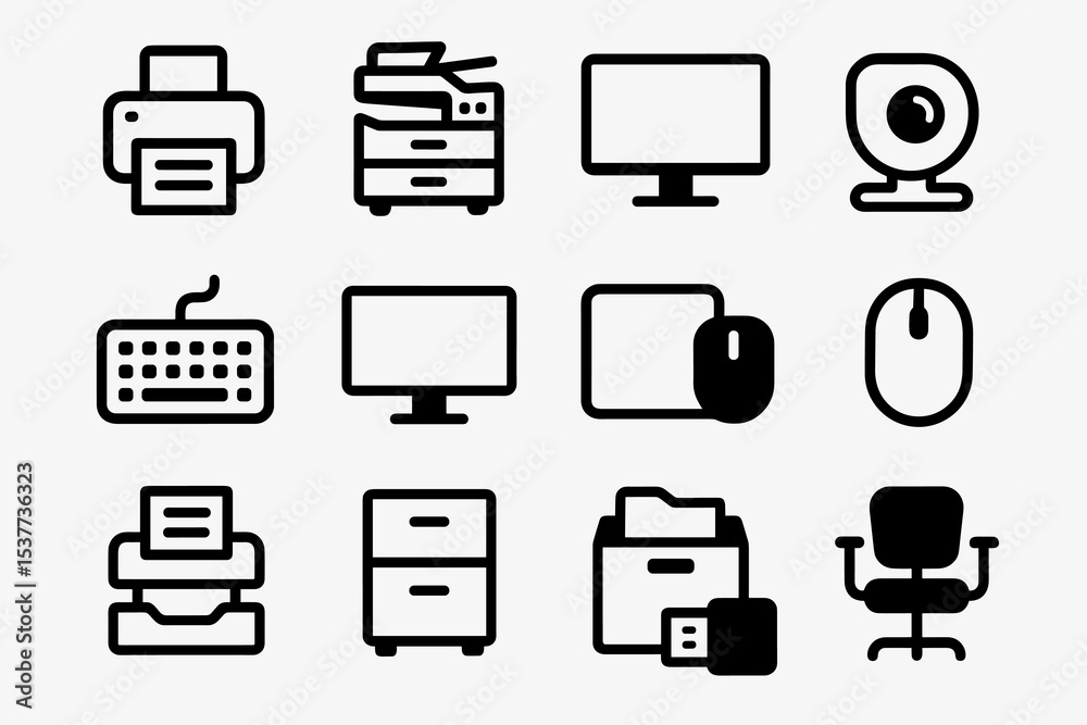 Icons of office equipment including printer, monitor, webcam, keyboard, and chair Icons of office equipment including printer, monitor, webcam, keyboard, and chair
