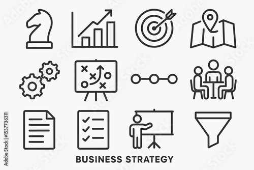 Business strategy icons: chess knight, graphs, target, map, meeting, documents, presentation, funnel