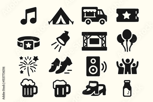 Music, camping, food truck, tickets, and dance icons for events
