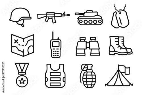 Military icons: helmet, rifle, tank, dog tags, map, radio, binoculars, boots, medal, vest, grenade, tent