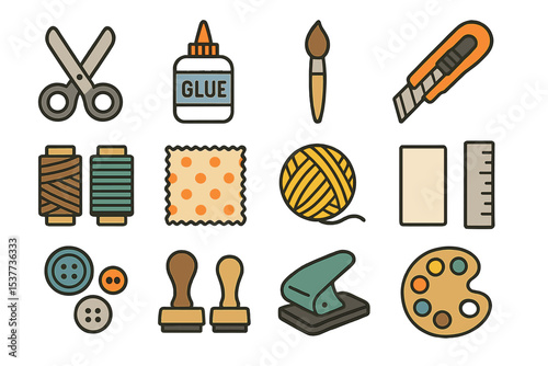 Colorful craft tools and supplies: scissors, glue, brush, yarn, and palette