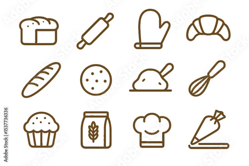 Baking icons collection: bread, pastry, whisk, mitt, chef hat