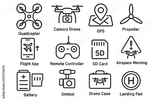 Drone technology icons: quadcopter, camera drone, gps, and more