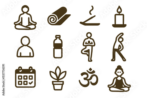 Yoga and wellness icons: meditation, exercise, relaxation, candle, calendar, plant, om symbol