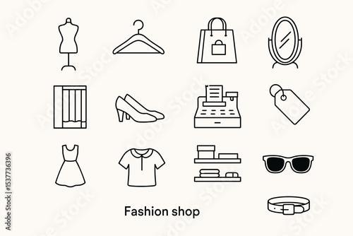 Fashion shop icons: shoes, dress, mirror, sunglasses, belt, hanger, cash register
