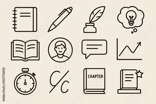 Writing and learning icons: pen, notebook, book, ideas, discussion, growth, and achievement