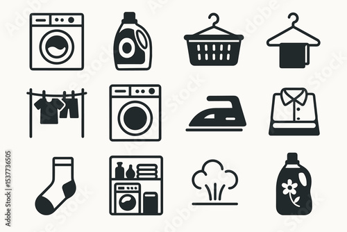 Laundry icon set: washing machine, detergent, iron, clothing symbols