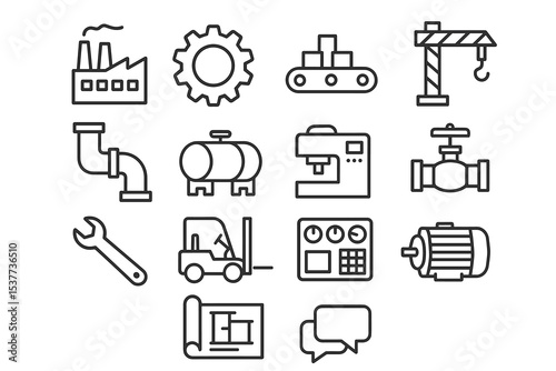 Industrial icon set featuring machinery and tools: factory, conveyor, gear, crane, valve, wrench, blueprint