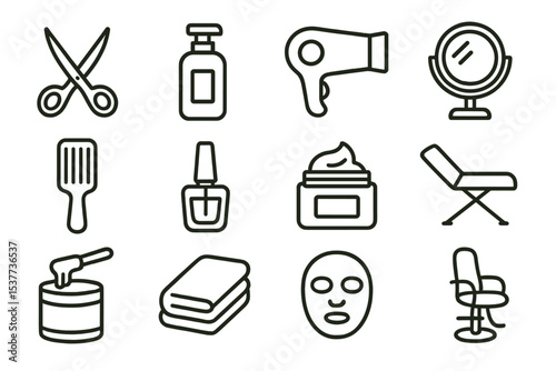 Beauty and salon icons: scissors, hairdryer, mirror, lotion, comb, chair