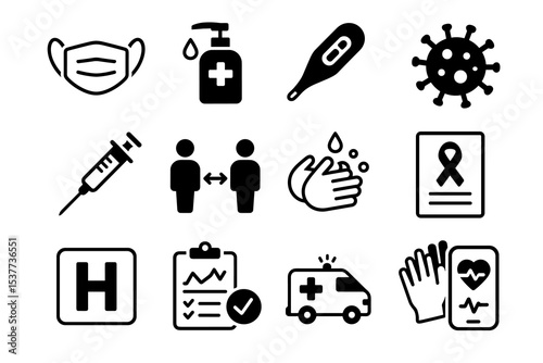 Healthcare symbols: mask, sanitizer, thermometer, virus, vaccination, hospital, ambulance