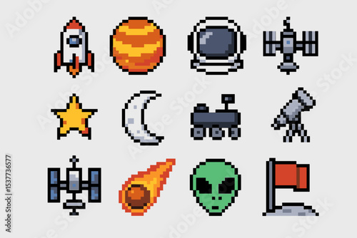 Pixel art space icons: rocket, planet, astronaut, telescope, alien, flag