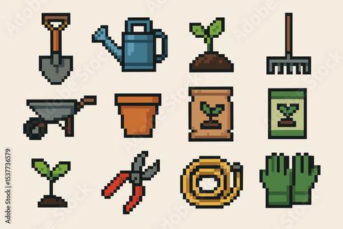 Pixel art gardening tools and plants: shovel, watering can, seedlings, gloves, hose, rake