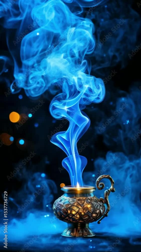 Closeup wish lamp and blue magical smoke of genie coming out of it on dark background with space for copy