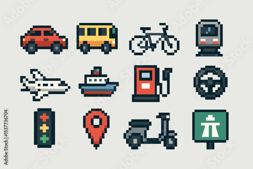 Pixel art icons: vehicles, transportation, and travel-themed elements