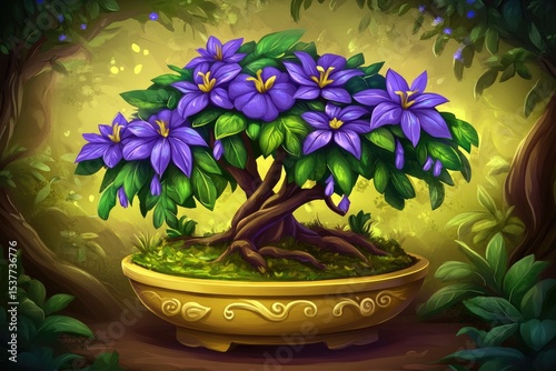 Purple flower bonsai in golden pot. Lush foliage, gentle lighting