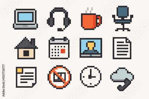 Pixel art icons: office, technology, communication, and home essentials