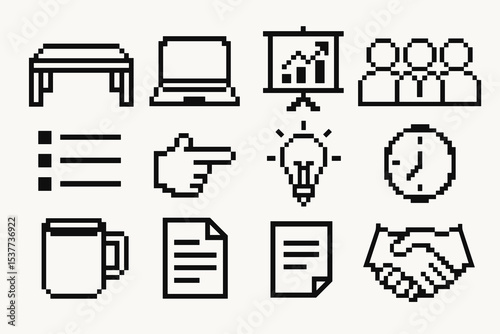 Pixel art business icons: desk, laptop, presentation, team, handshake, and more