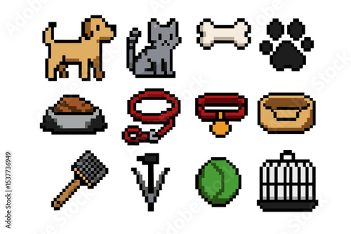 Collection of colorful pixel art pet icons featuring dogs, cats, and accessories