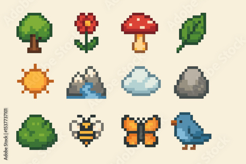 Colorful pixel art icons: nature elements and animals collection