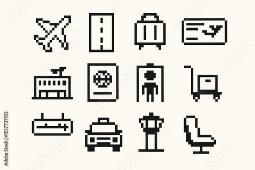 Pixel art airport icons: plane, road, baggage, boarding pass, terminal, ticket, security, cart, checkpoint, taxi, control tower, seat