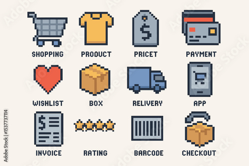 Pixel art icons: shopping, product, price, payment, wishlist, box, delivery, app, invoice, rating, barcode, checkout