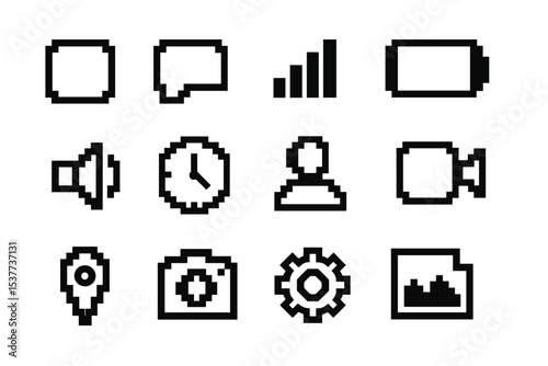 Retro pixel icons for communication and media technology interface