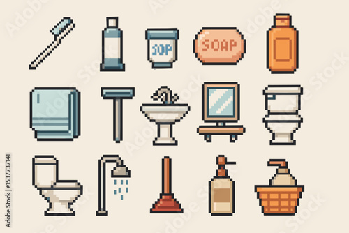 Pixel art bathroom essentials displayed in iconic retro style
