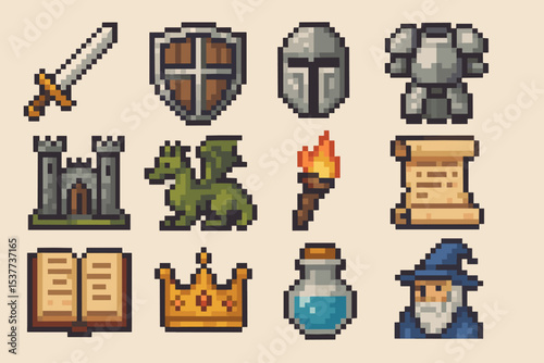 Pixel art fantasy icons: sword, shield, helmet, armor, castle, dragon, torch, scroll, book, crown, potion, wizard